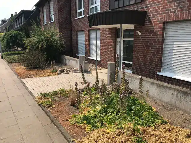 Garten mit präventiven Hochwasserschutz-Maßnahmen – versickerungsfähige Flächen, Entwässerungsgräben und natürliche Barrieren für den Hochwasserschutz am Haus