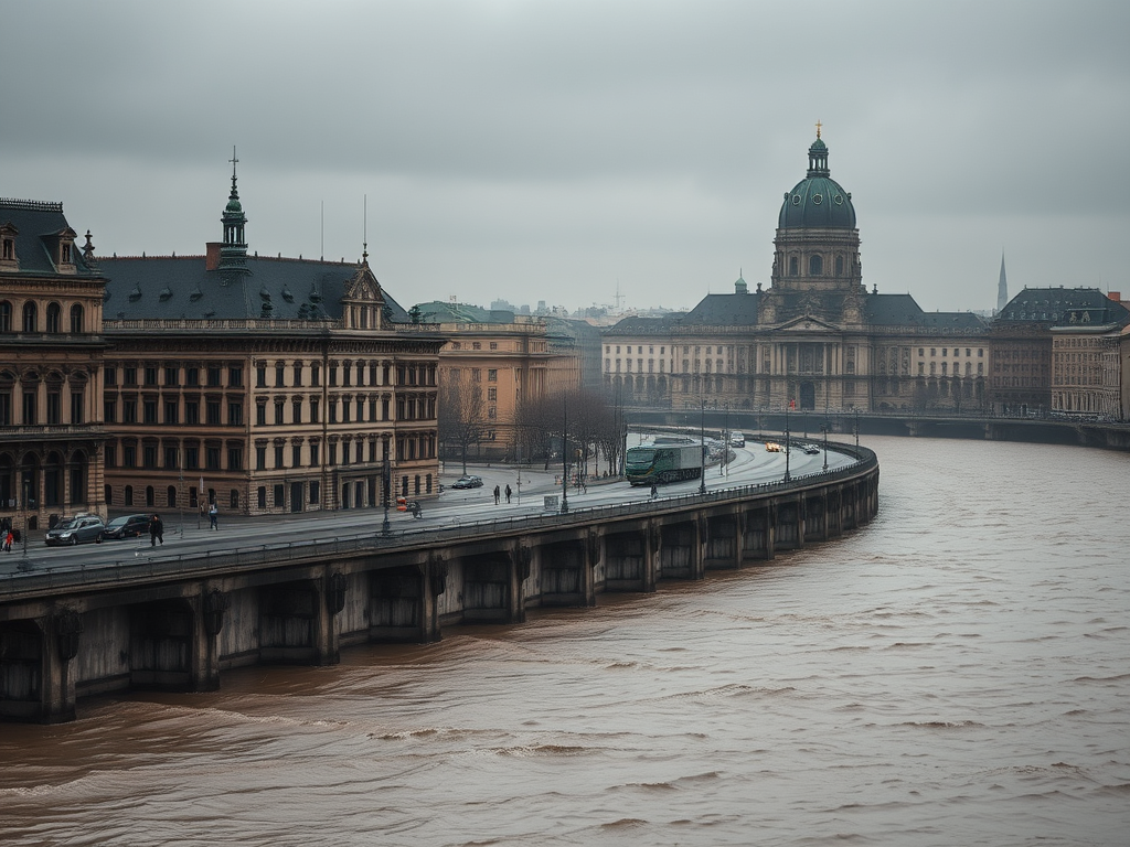Eine städtische Szene bei bewölktem Wetter. Im Vordergrund fließt ein breiter, braun gefärbter Fluss entlang einer erhöhten Straße mit Autos und Fußgängern.