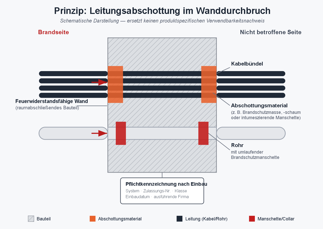 Schematische Darstellung einer Brandschutzabschottung im Wanddurchbruch mit Kabelbündel- und Rohrdurchführung